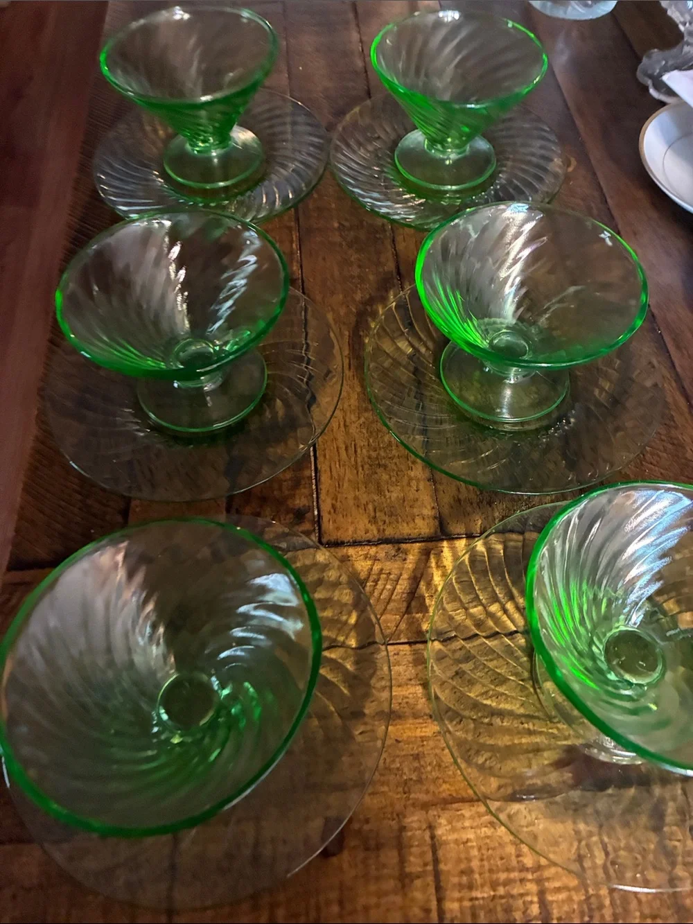 Uranium Glass Green Dessert Cups with Matching Saucers